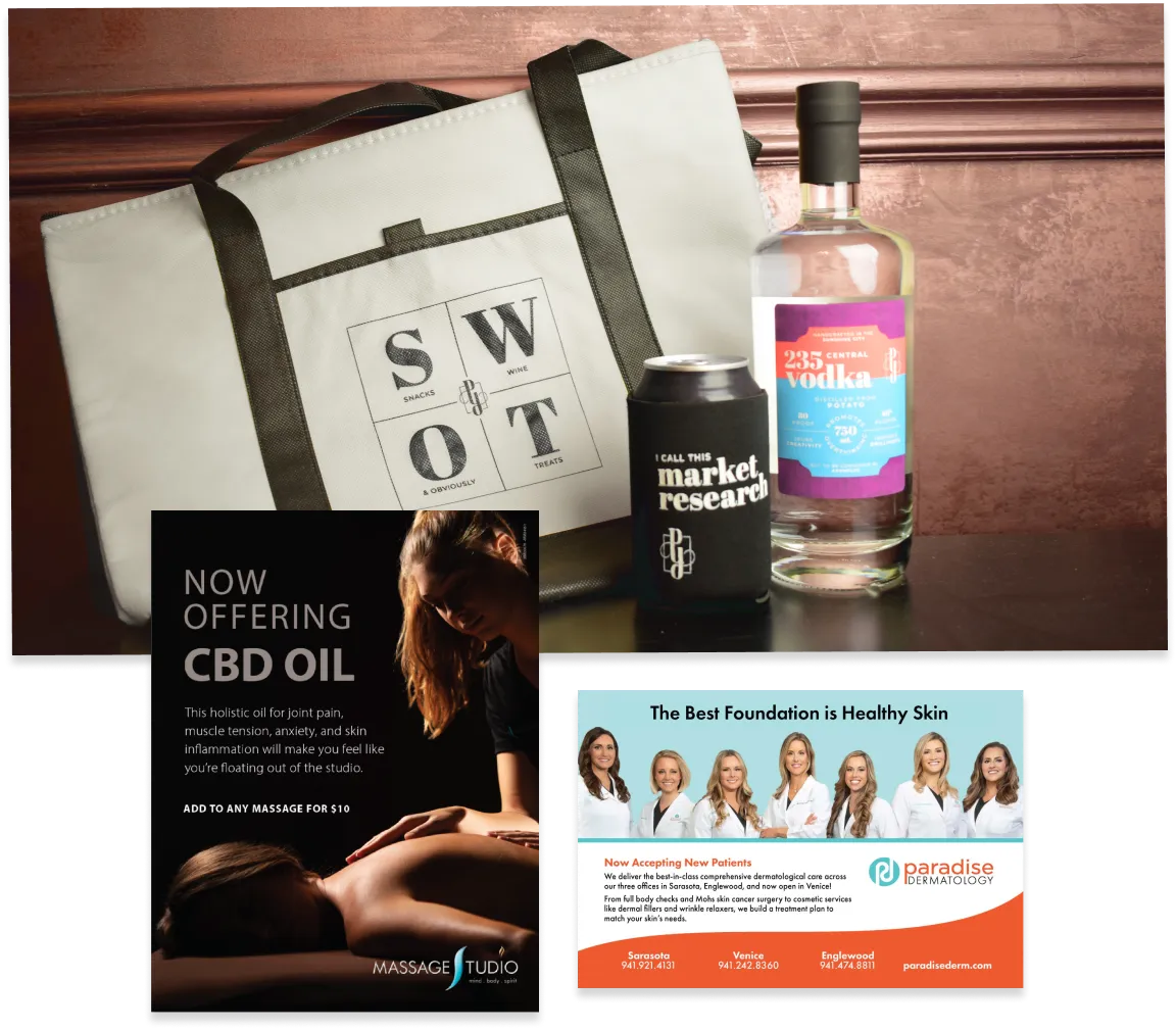 Marketing Strategy cluster image of a Paradise Dermatology print ad, Massage Studio print ad, and PY branded client gift of an insulated bag, vodka, and koozie