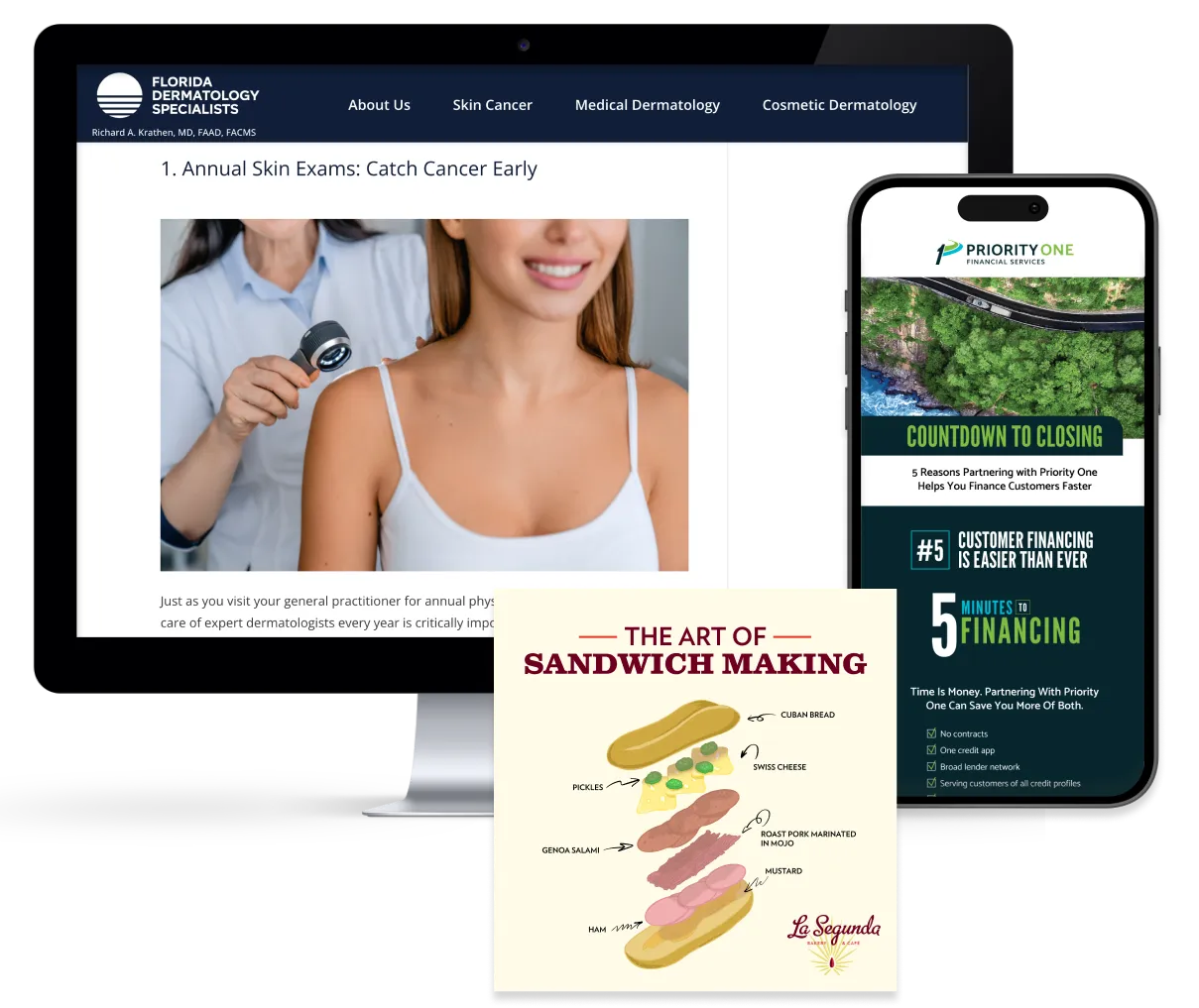 Content Marketing Service cluster image of Florida Derm Website, Priority One Email design, and La Segunda Cuban sandwich illustration