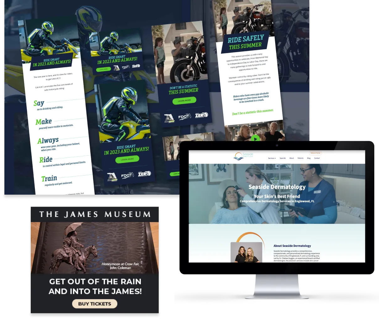 Digital Marketing Cluster image of a CUTR collage of digital ads and email designs, James Museum digital ad, and Seaside Dermatology Landing page on a desktop computer