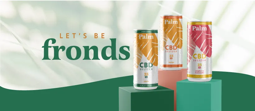 3 CBD seltzer cans on stands in front of a palm shadow background
