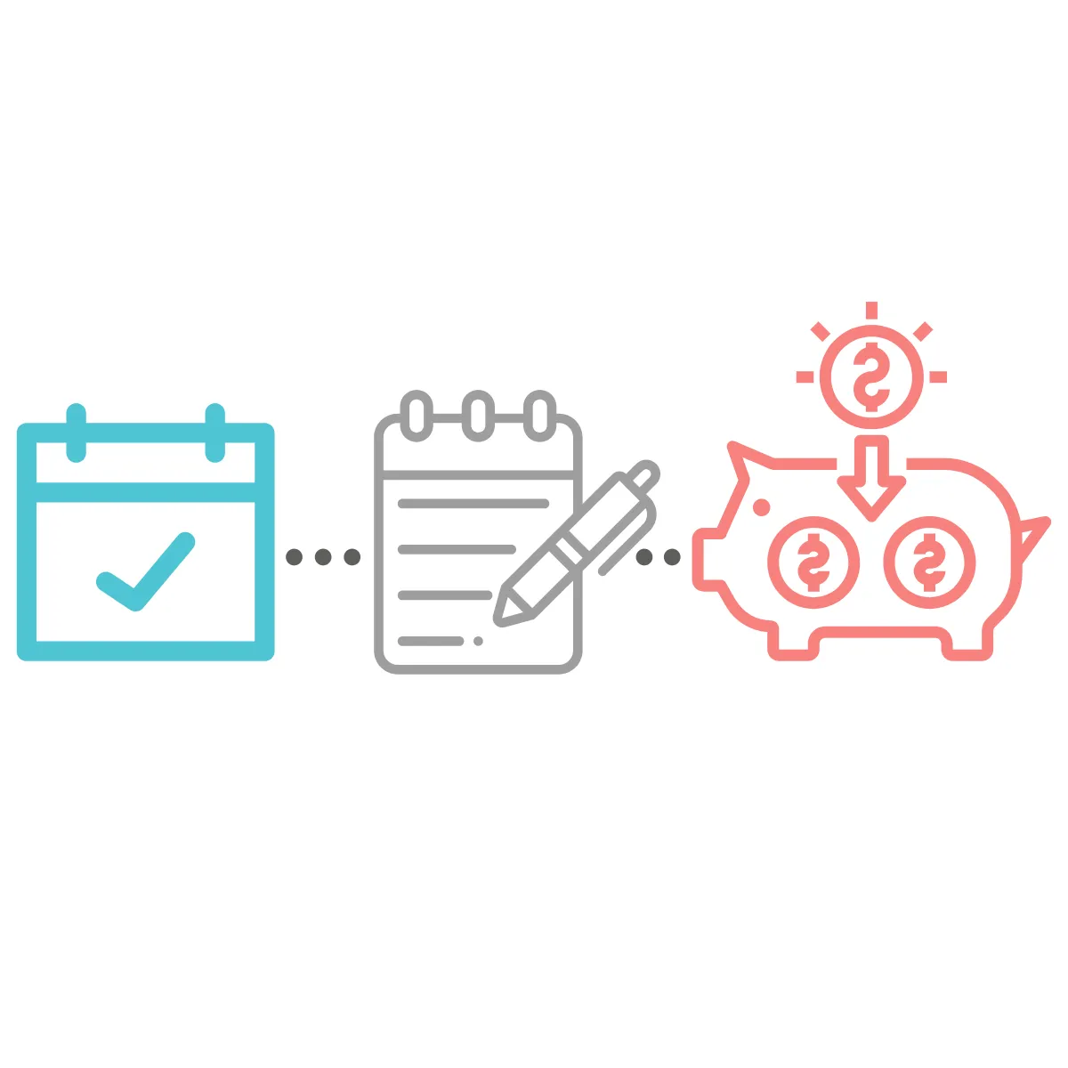 An icon with a notebook and a piggy bank shows how you should budget for success for your marketing plans