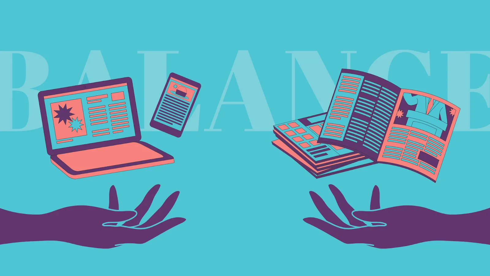 Two hands outreached hold a laptop and a newspaper, representing the balance between print and digital marketing