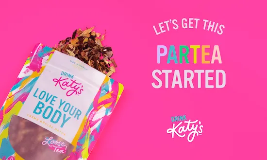 Katy's tea bag open and spilling out on a bright pink background with the Katy's logo