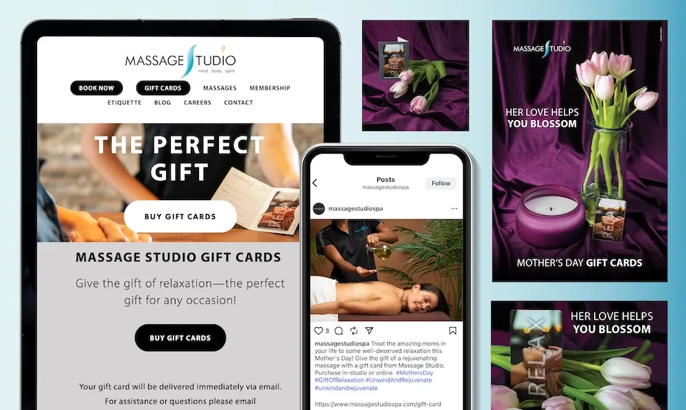 Holiday marketing campaign visuals for Massage Studio by Pyper, Inc., featuring gift card promotions, and graphics for email, flyer, and social media.