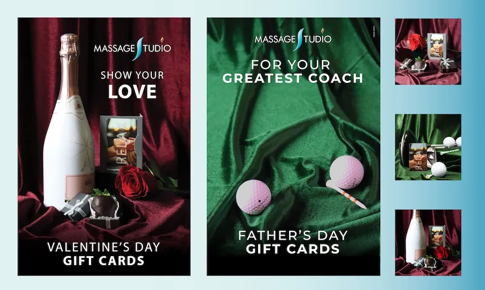 Holiday marketing campaign visuals for Massage Studio by Pyper, Inc., featuring gift card promotions, and graphics for email, flyer, and social media.