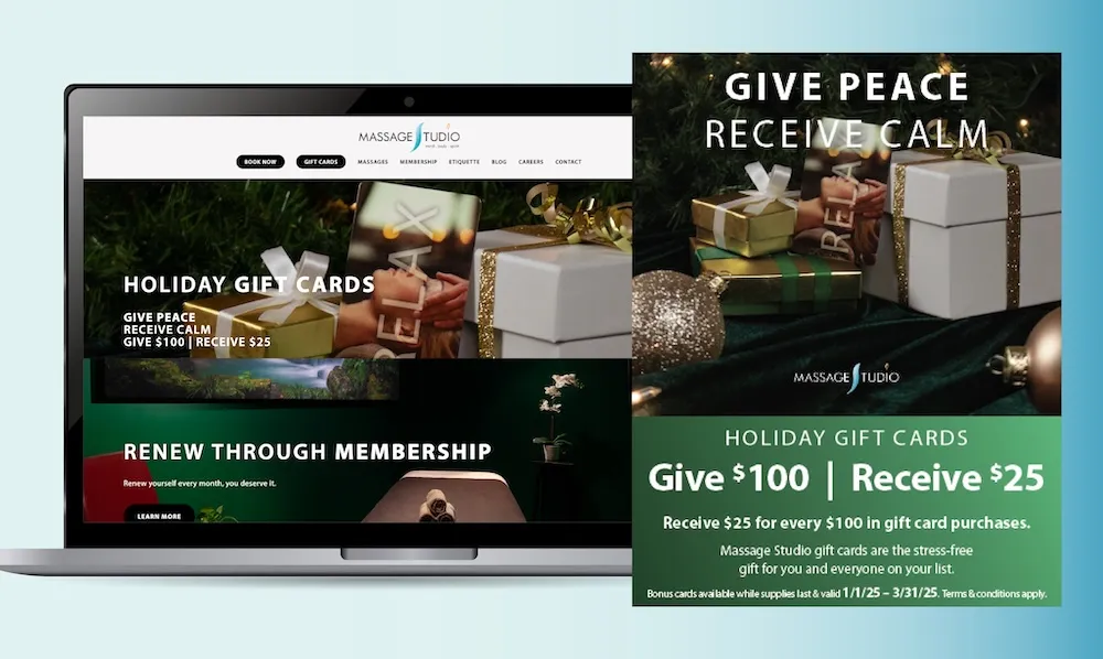 Holiday marketing campaign visuals for Massage Studio by Pyper, Inc., featuring gift card promotions, and graphics for email, flyer, and social media.