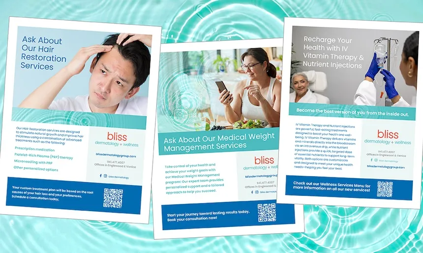 A collage image of multiple deliverables shows all the deliverables Pyper, Inc. provided to Bliss Dermatolgoy + Wellness for a Wellness Campaign.