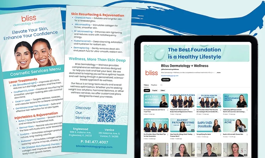 A collage image of multiple deliverables shows all the deliverables Pyper, Inc. provided to Bliss Dermatolgoy + Wellness for a Wellness Campaign.