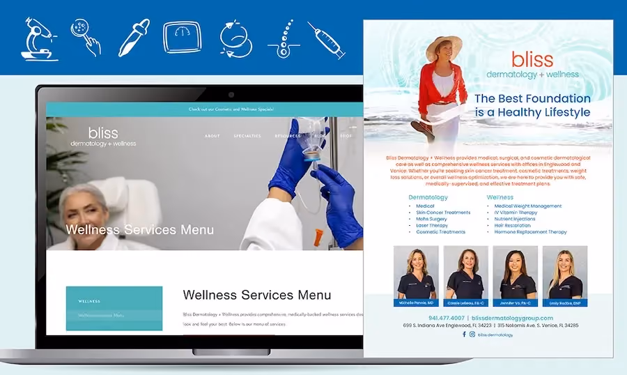 A collage image of multiple deliverables shows all the deliverables Pyper, Inc. provided to Bliss Dermatolgoy + Wellness for a Wellness Campaign.