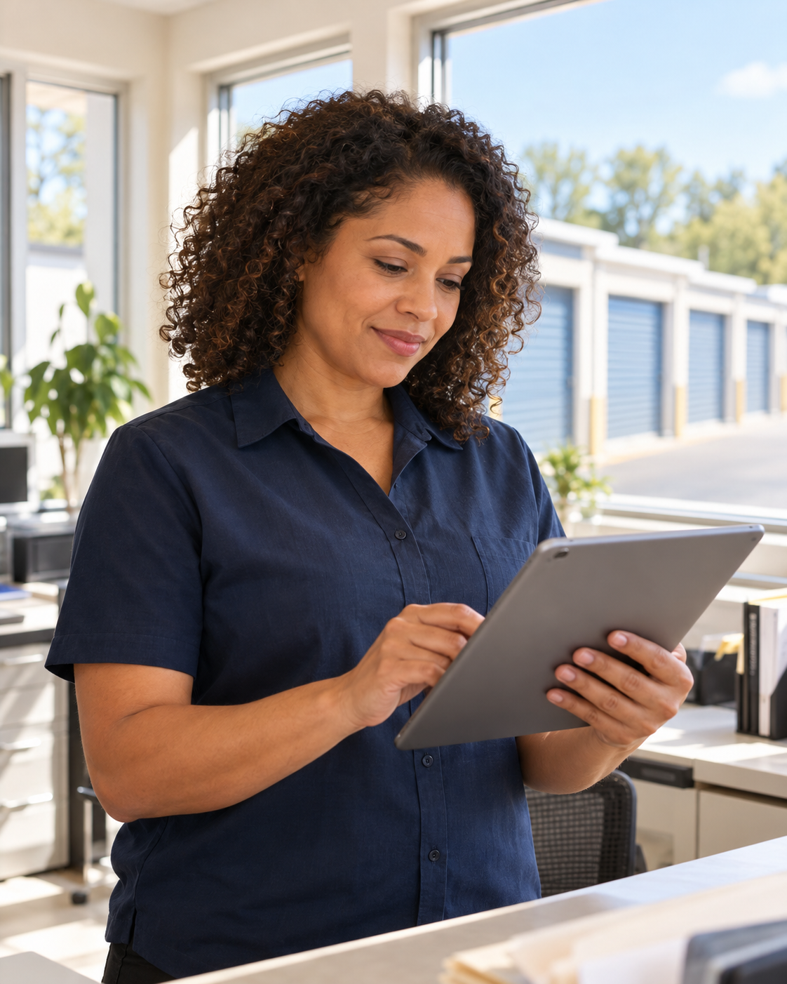 Self-storage facility manager reviewing access on a tablet at the front desk