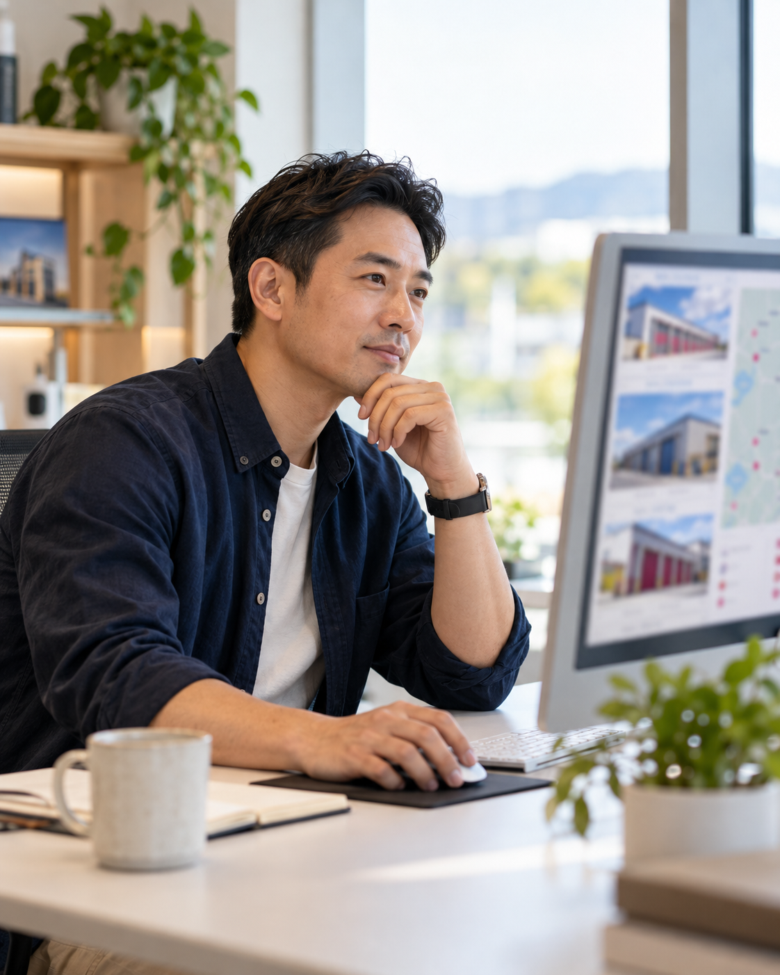 Self-storage facility manager reviewing access on a tablet at the front desk
