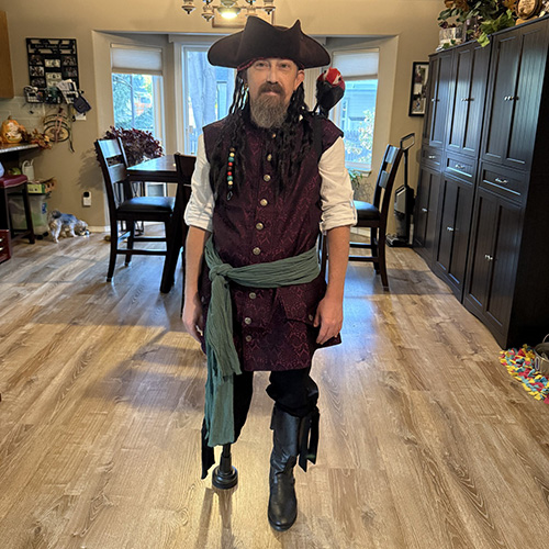 patient with a peg leg dressed as a pirate