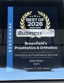 Award plaque for Brownfield's Prosthetics & Orthotics, Best of 2026 by Business Rate in Meridian, Idaho.