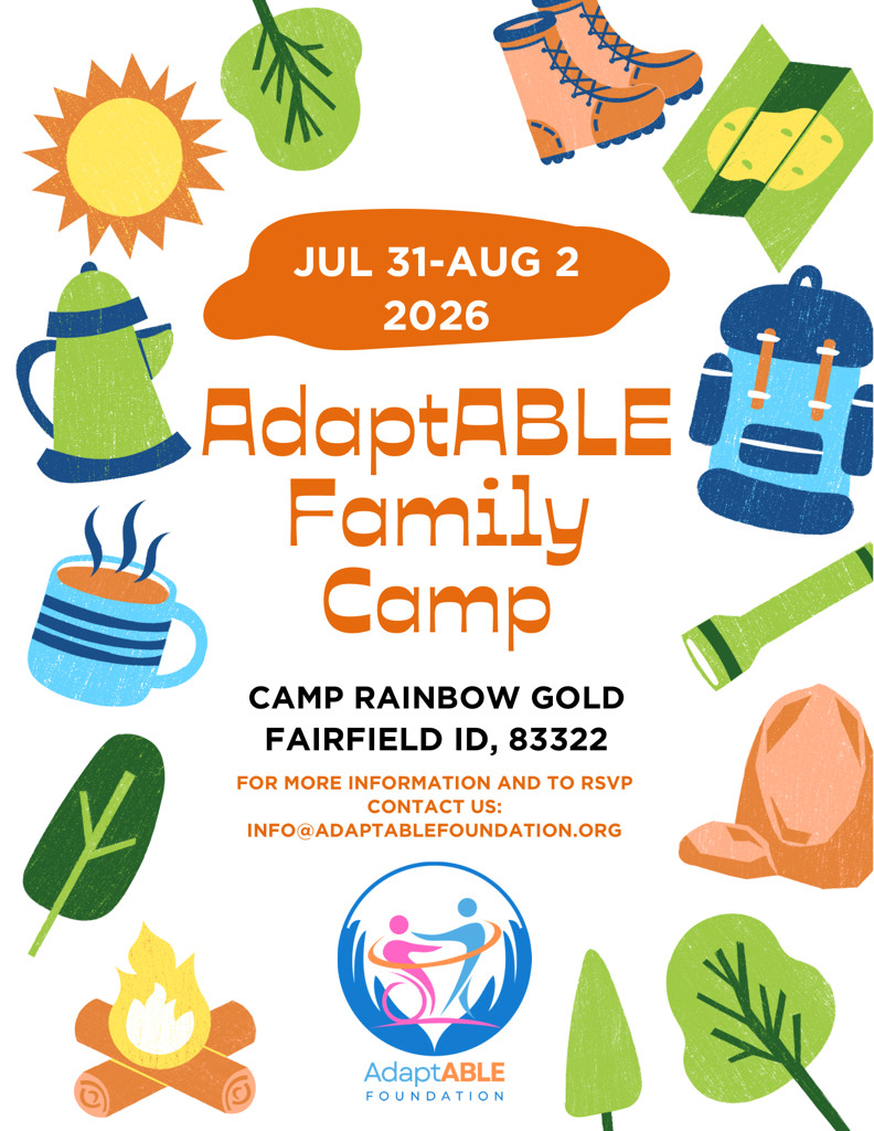 Poster for AdaptAble Family Camp July 31-Aug 2, 2026, with camping icons and AdaptABLE Foundation logo.