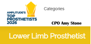 Amplitude Top Prosthetists 2026 badge with Lower Limb Prosthetist title and name CPO Amy Stone.