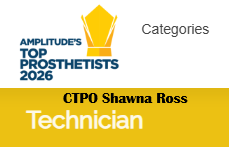 Amplitude's Top Prosthetists 2026 logo with CTPO Shawna Ross Technician badge.