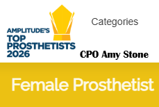 Logo with text Amplitudes Top Prosthetists 2026 and label Female Prosthetist with name CPO Amy Stone.