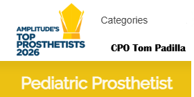 Logo for Amplitude's Top Prosthetists 2026 with name CPO Tom Padilla and title Pediatric Prosthetist.