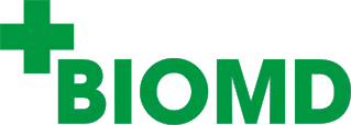 Logo BIOMD verde cu un simbol plus în stânga sus.