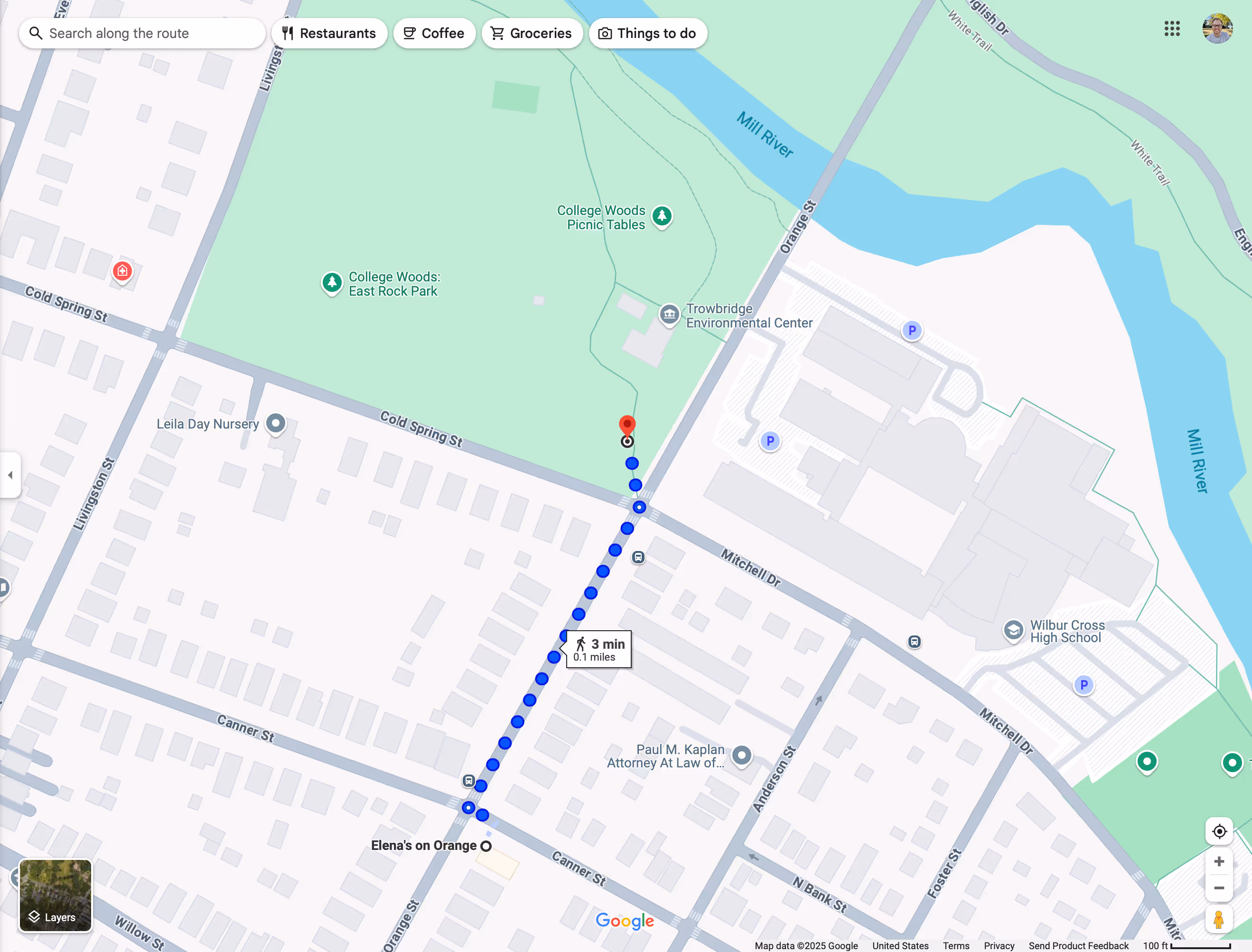 Google Maps image: A map showing the location of Elena's on Orange in relation to East Rock Park in New Haven. A blue dotted line shows the walking path from the park to the ice cream shop, indicating it's a 3-minute walk.