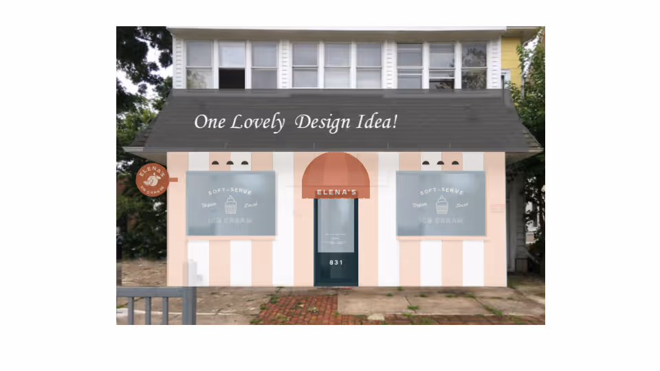 Store design concept: A rendering of a possible exterior design for Elena's on Orange showing a pink and white striped storefront with "Elena's" signage and awning.