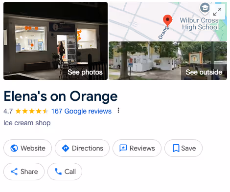 Google Business profile: A screenshot of Elena's on Orange Google Business profile showing a 4.7-star rating with 167 reviews, labeled as an "Ice cream shop" with buttons for website, directions, reviews, etc.