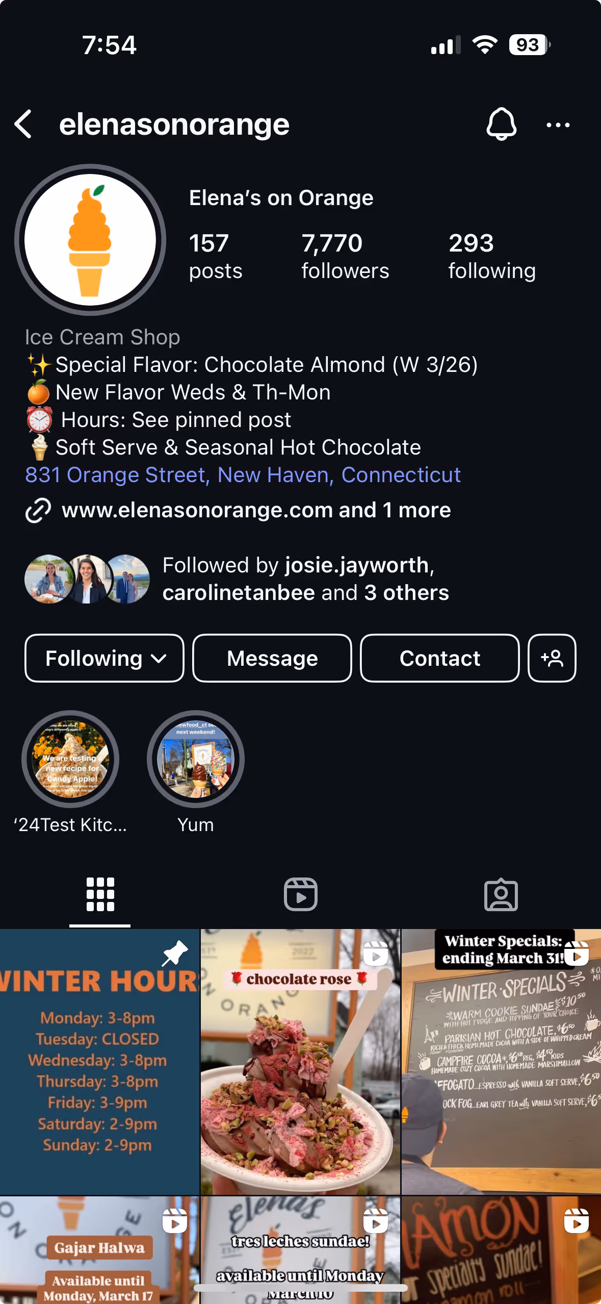 Instagram profile: A screenshot of the "elenasonorange" Instagram profile showing 157 posts, 7,770 followers, and the shop's bio mentioning special flavors, hours, and location information.