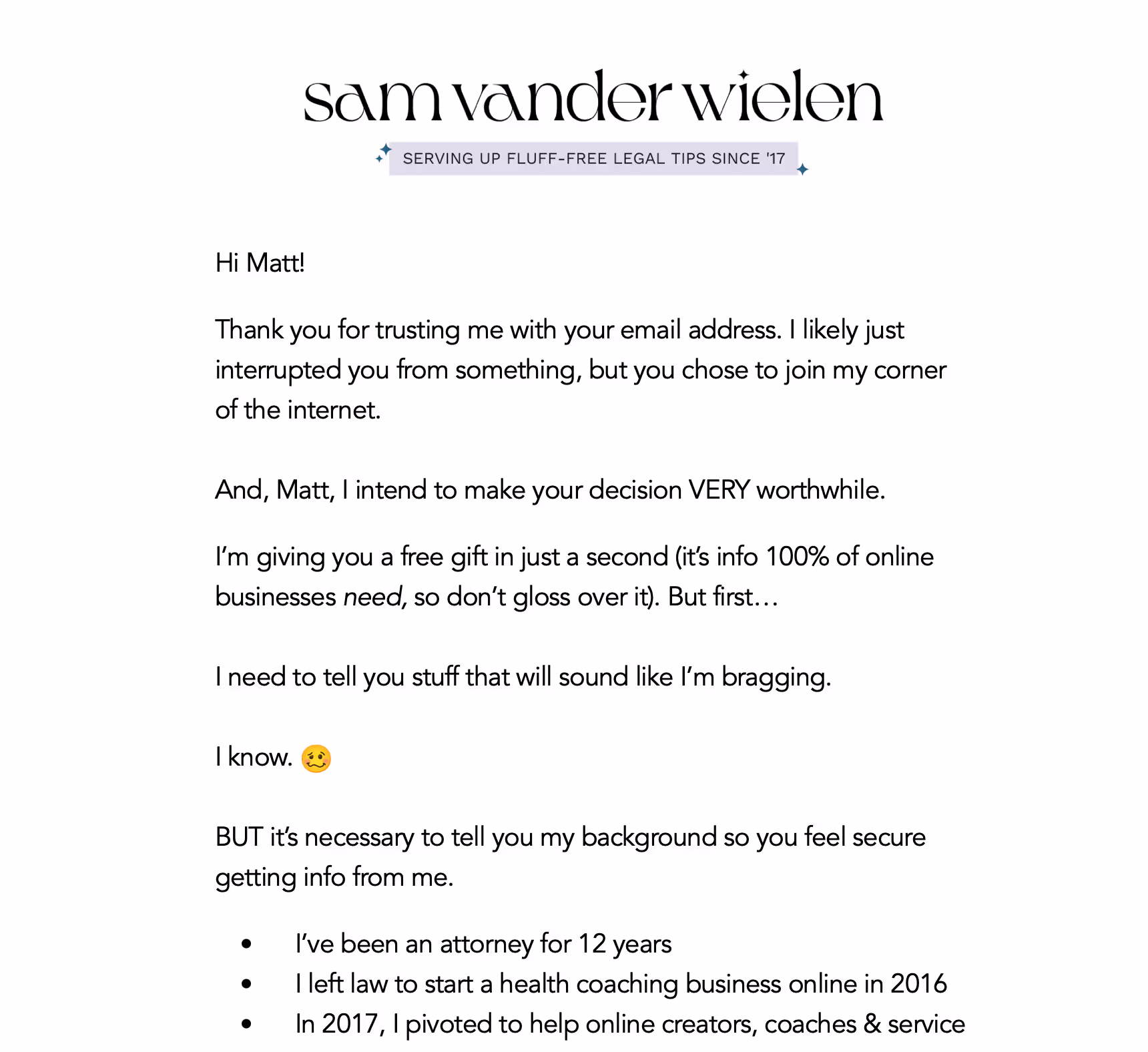 Sam Vander Wielen's incentive email featuring her professional header and personalized welcome message explaining how she helps online business owners with legal protection