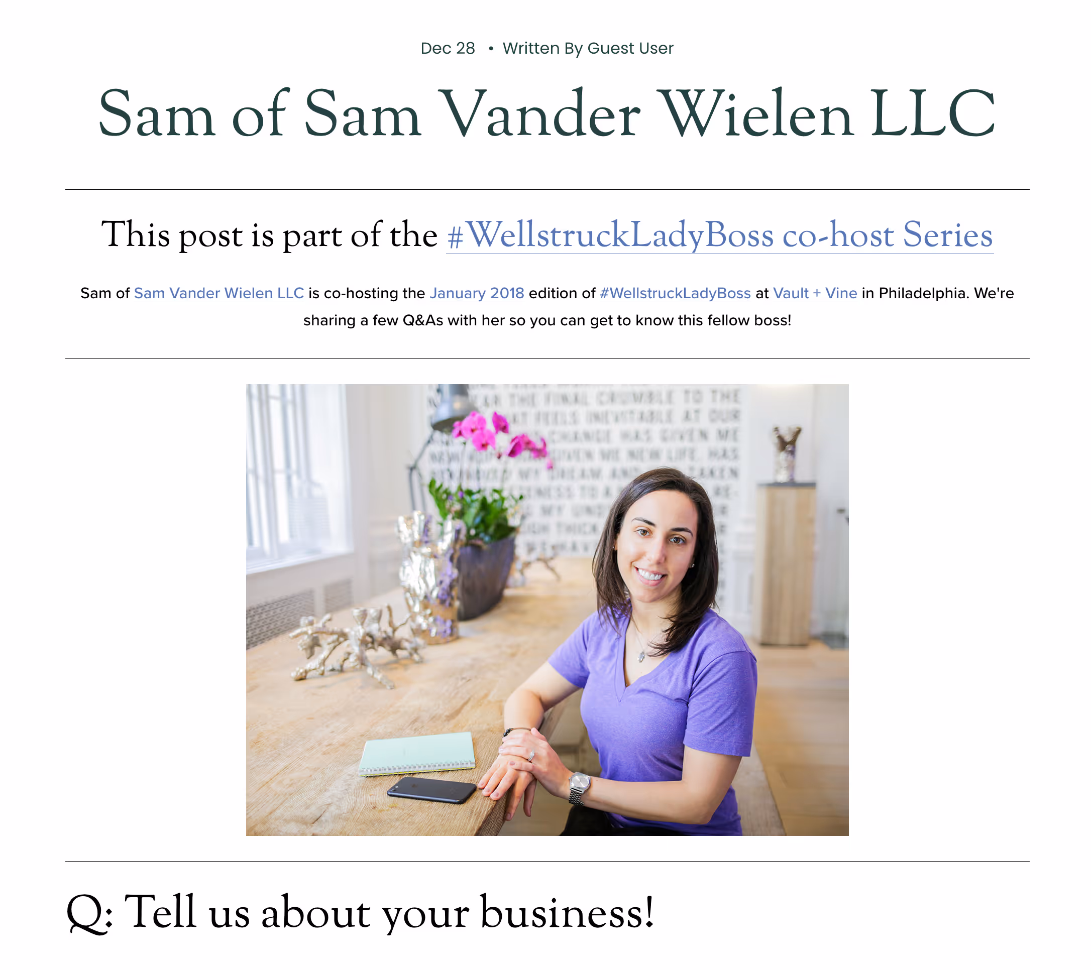 Blog post featuring Sam Vander Wielen as a co-host for the #WellstruckLadyBoss series, showing her profile photo and introduction as a fellow entrepreneur