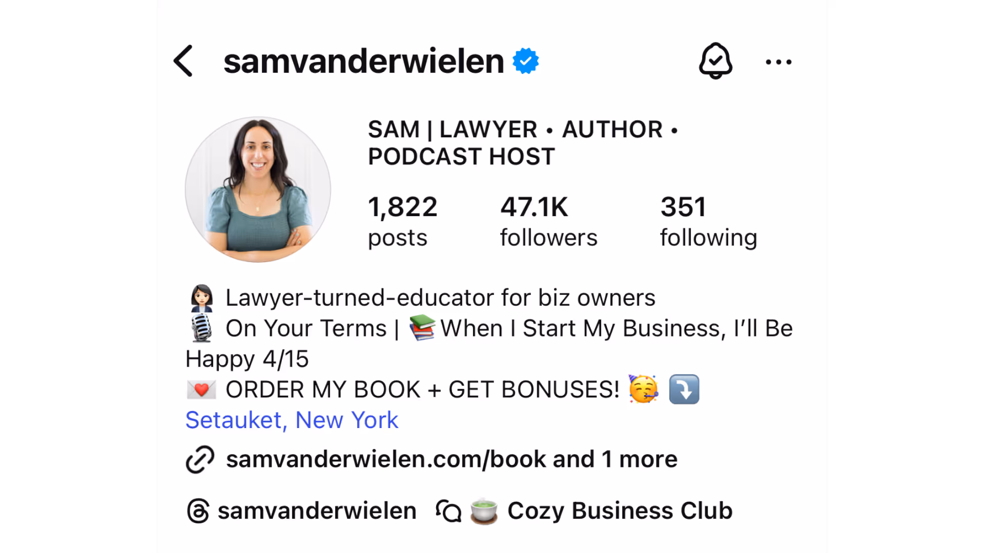 Screenshot of Sam Vander Wielen's Instagram profile showing 47.1K followers, her bio as 'SAM | LAWYER • AUTHOR • PODCAST HOST' and description as 'Lawyer-turned-educator for biz owners