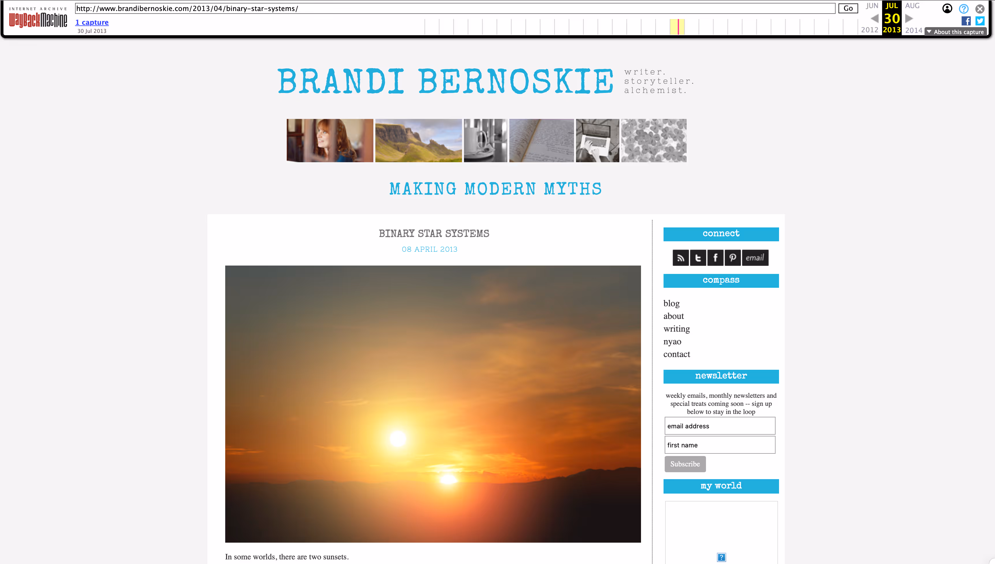 Screenshot of Brandi Bernoskie's early blog from 2013 titled "Making Modern Myths" showing her personal website with a binary star system sunset image and describing herself as a writer, storyteller, and alchemist.
