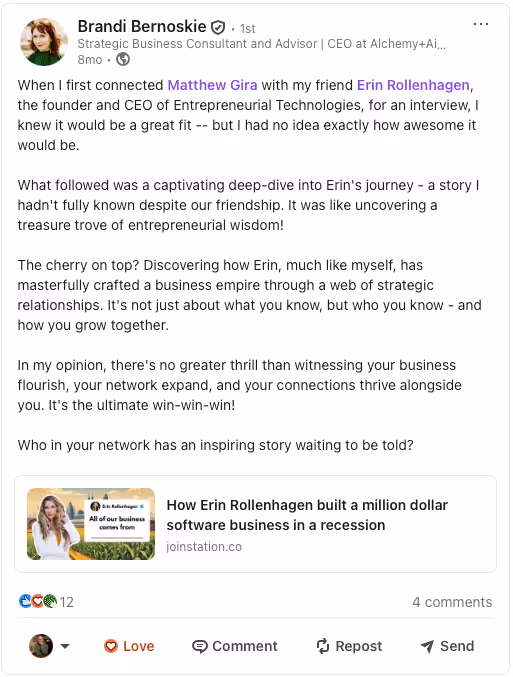 LinkedIn post where Brandi Bernoskie introduces her referral partner Erin Rollenhagen, demonstrating how strategic relationships fuel her business growth.