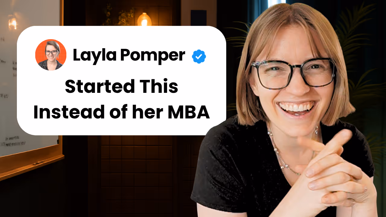 Layla Pomper, founder of ProcessDriven, smiling and pointing at camera in her home office with plants and whiteboard visible in background. Text overlay reads "Started This Instead of her MBA" in white speech bubble with her profile photo and verified checkmark. This ALT text describes the key visual elements (Layla pointing and smiling, the office setting) and includes the exact text overlay, making it accessible while being descriptive enough for screen readers to convey the thumbnail's message and context.