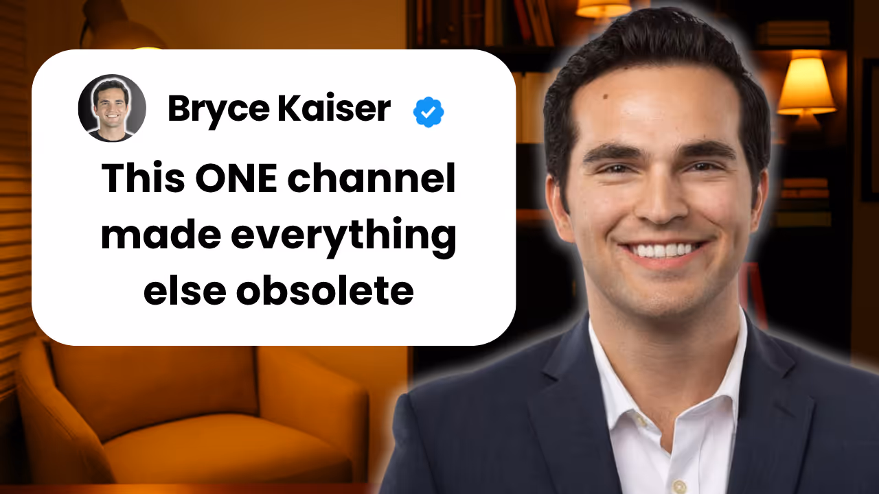Bryce Kaiser smiling in a business suit with a quote bubble saying "This ONE channel made everything else obsolete" for a YouTube video about HoomHouse's growth strategy