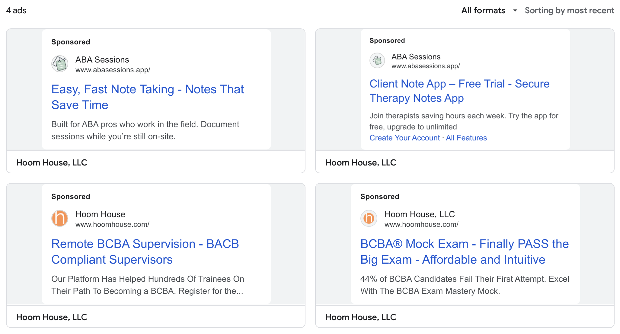 Screenshot showing four Google Ads run by HoomHouse LLC targeting behavior analysts and therapists, including ads for ABA Sessions note-taking app, client note app free trial, remote BCBA supervision services, and BCBA mock exam preparation