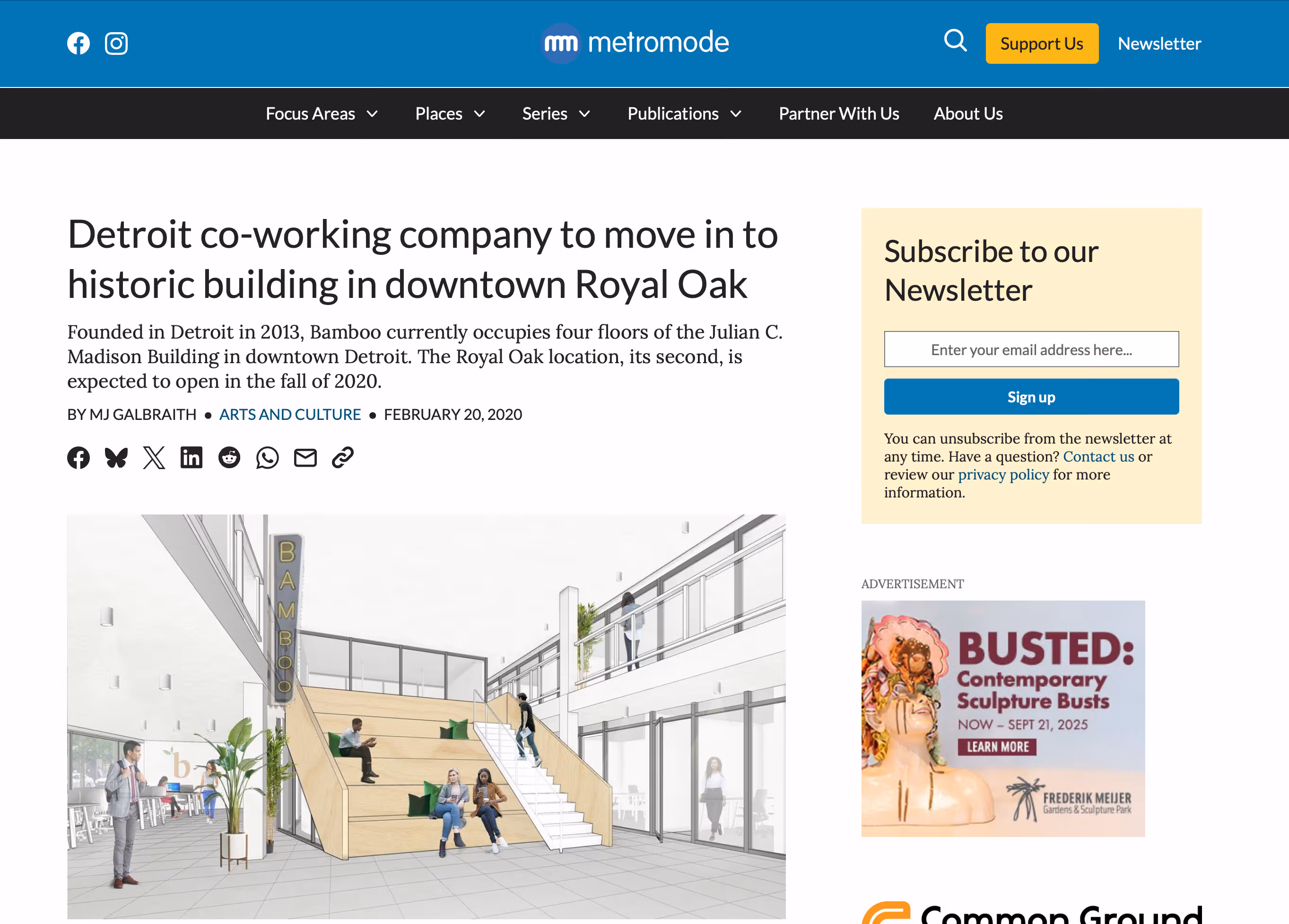 Screenshot of a Metromode website article with the headline 'Detroit co-working company to move in to historic building in downtown Royal Oak.' The page shows the site's blue header with navigation menu, social sharing buttons below the headline, and an architectural rendering of a modern office interior with stairs, workspaces, and people. A newsletter signup form and advertisement are visible in the right sidebar.