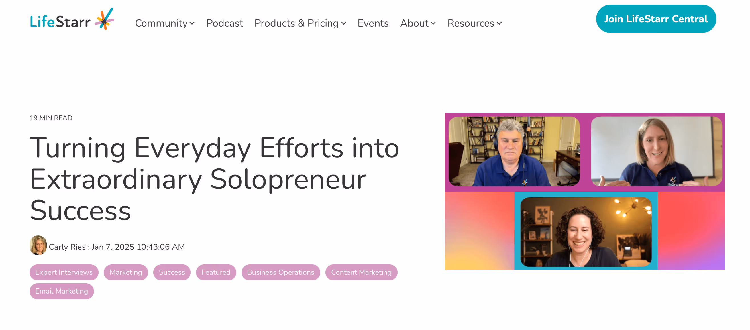 LifeStarr website article header "Turning Everyday Efforts into Extraordinary Solopreneur Success" featuring a split image of three people on video calls including Jessica Lackey, with purple and pink design elements.