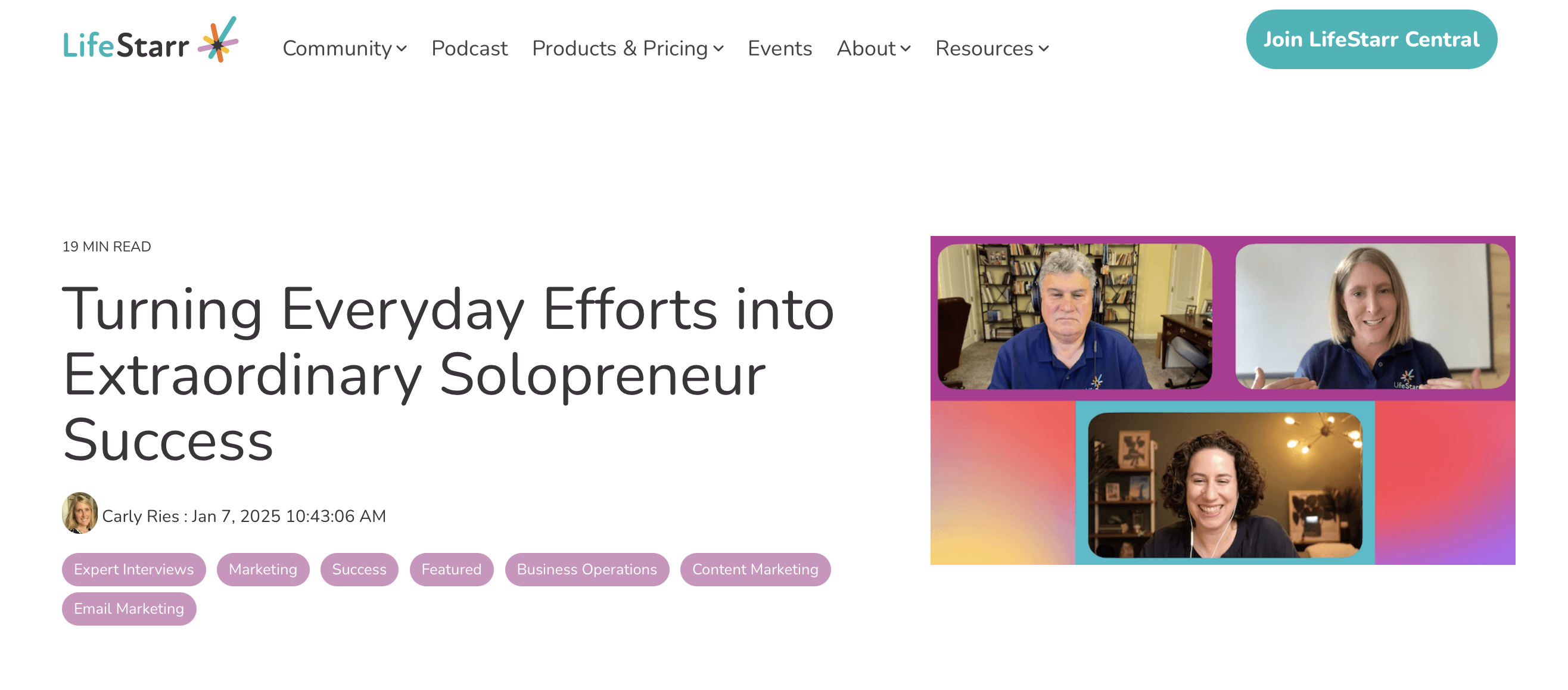 LifeStarr website article header "Turning Everyday Efforts into Extraordinary Solopreneur Success" featuring a split image of three people on video calls including Jessica Lackey, with purple and pink design elements.
