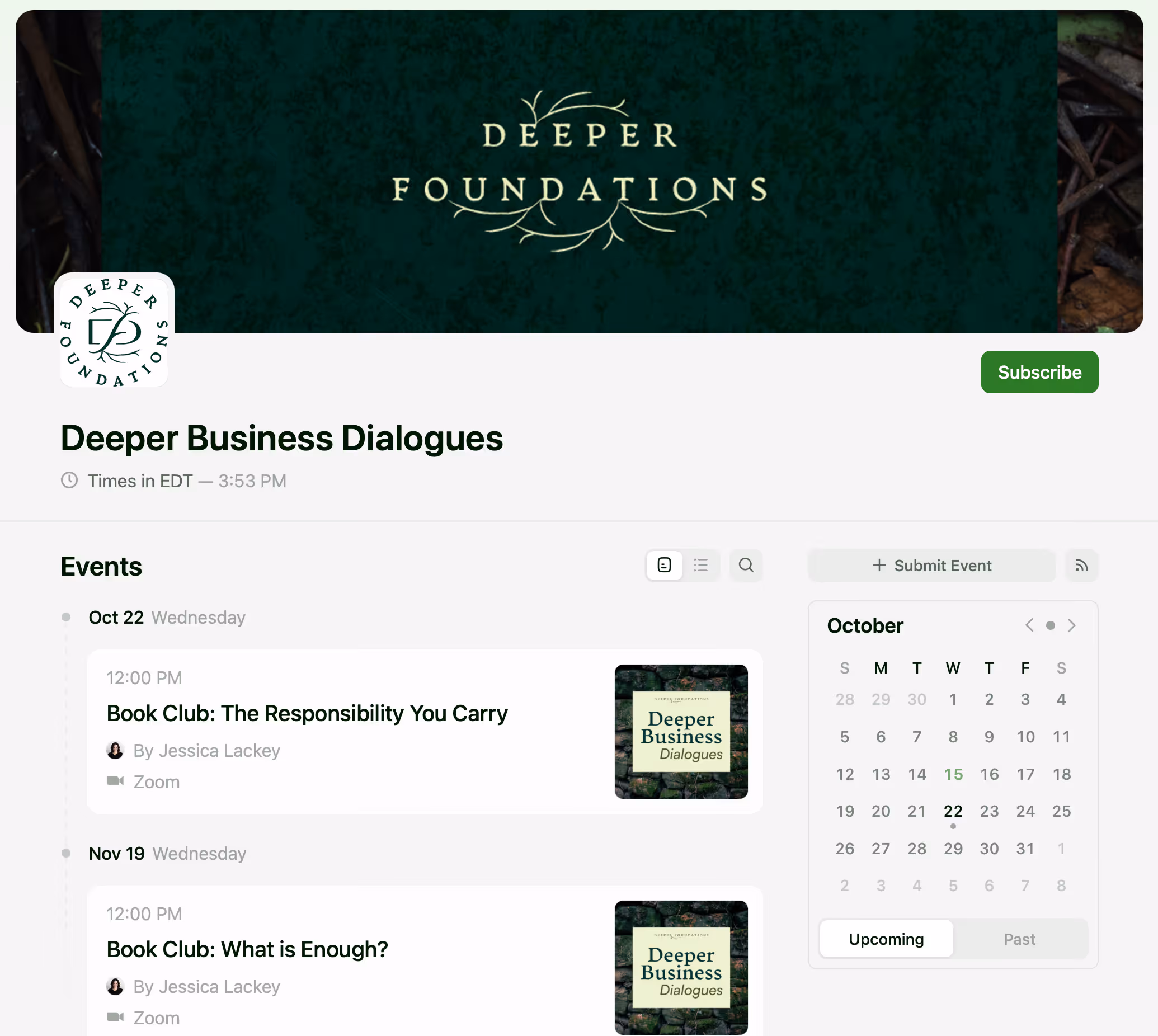 Screenshot of Deeper Foundations events page showing upcoming book club sessions titled "The Responsibility You Carry" and "What is Enough?" hosted by Jessica Lackey on Zoom, with green branded event images.