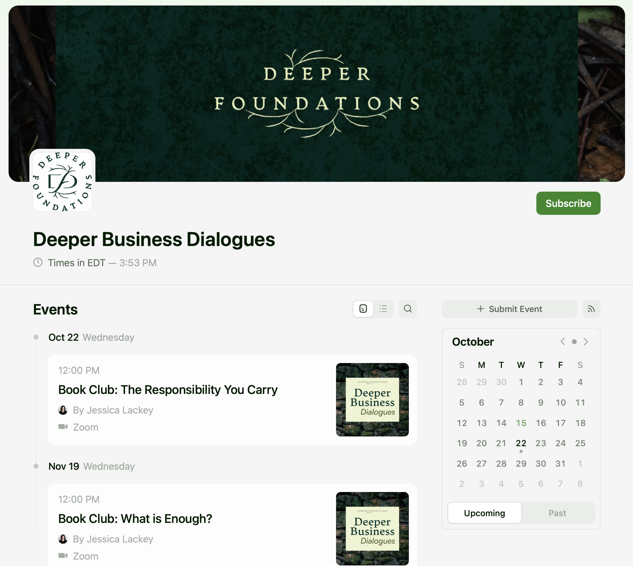 Screenshot of Deeper Foundations events page showing upcoming book club sessions titled "The Responsibility You Carry" and "What is Enough?" hosted by Jessica Lackey on Zoom, with green branded event images.