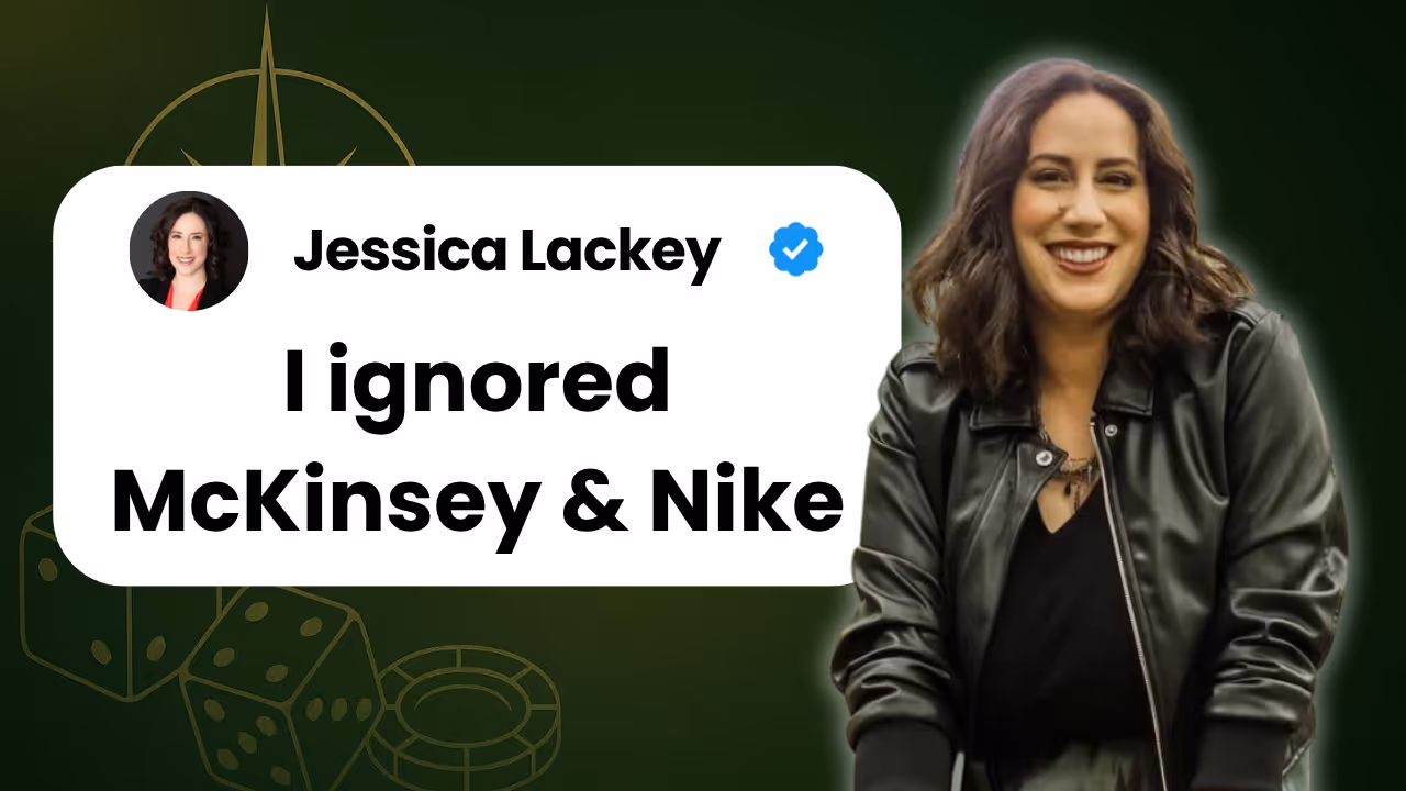 YouTube thumbnail featuring Jessica Lackey smiling in a black leather jacket on the right side, with a white text bubble on the left displaying her profile photo, verified name, and the quote "I ignored McKinsey & Nike" against a green background with compass and coin illustrations.