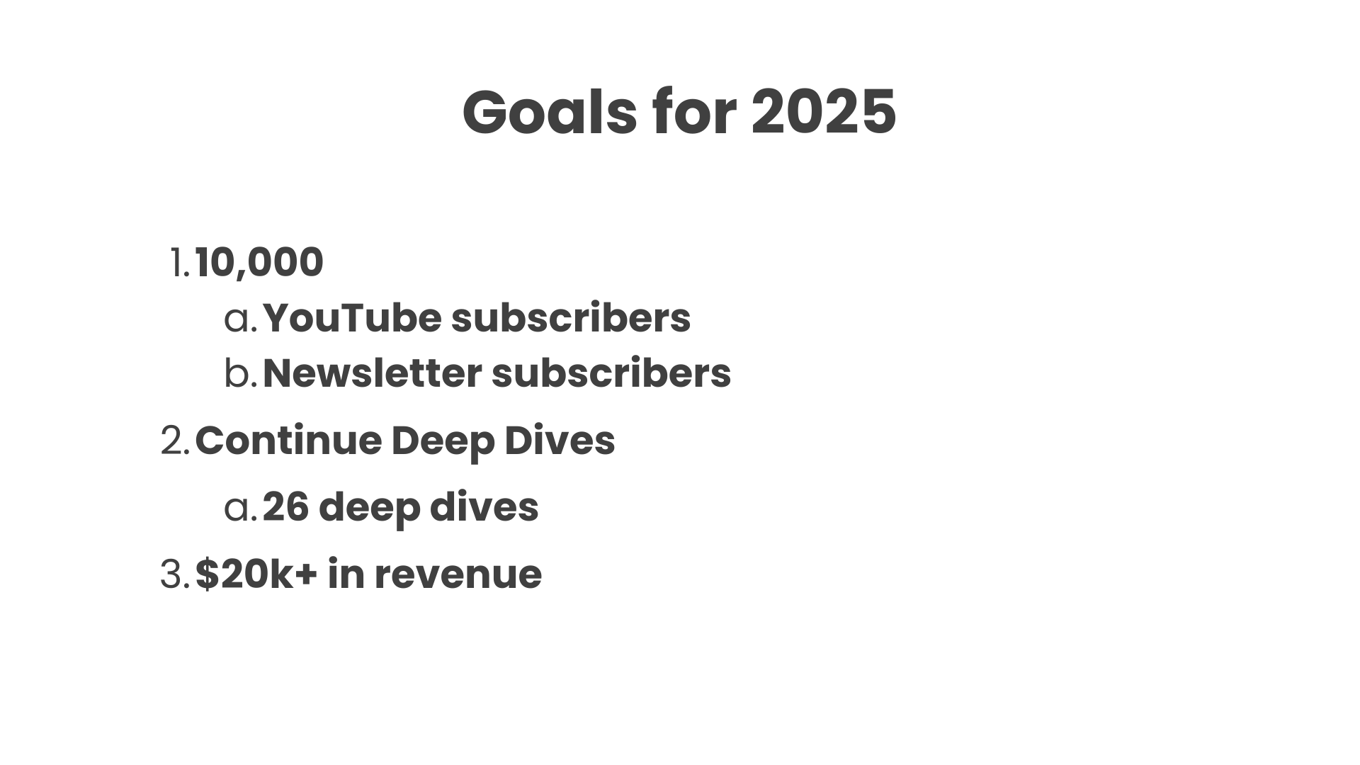 Goals for 2025 slide showing three main objectives: 10,000 YouTube and newsletter subscribers, 26 deep dives, and $20k+ in revenue
