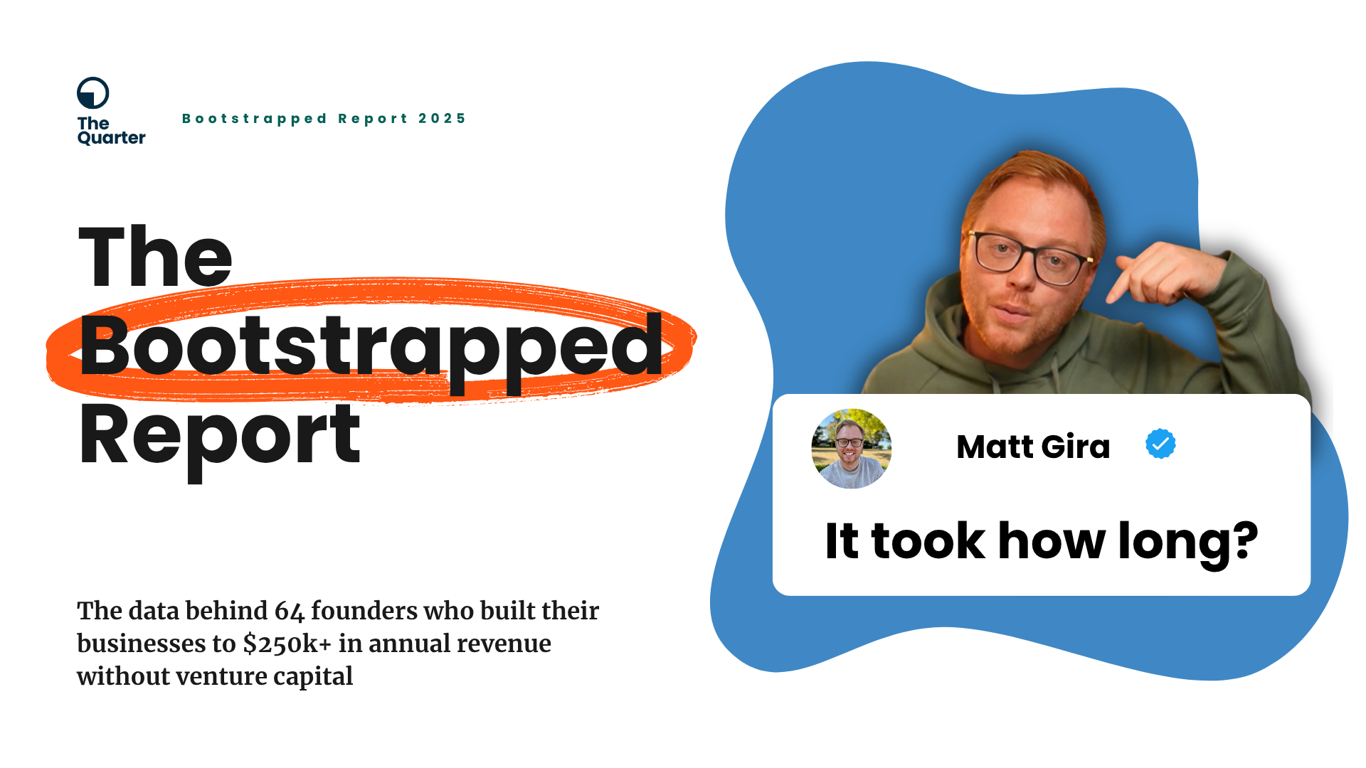 The Bootstrapped Report cover featuring Matt Gira asking 'It took how long?' with subtitle: The data behind 64 founders who built their businesses to $250k+ in annual revenue without venture capital