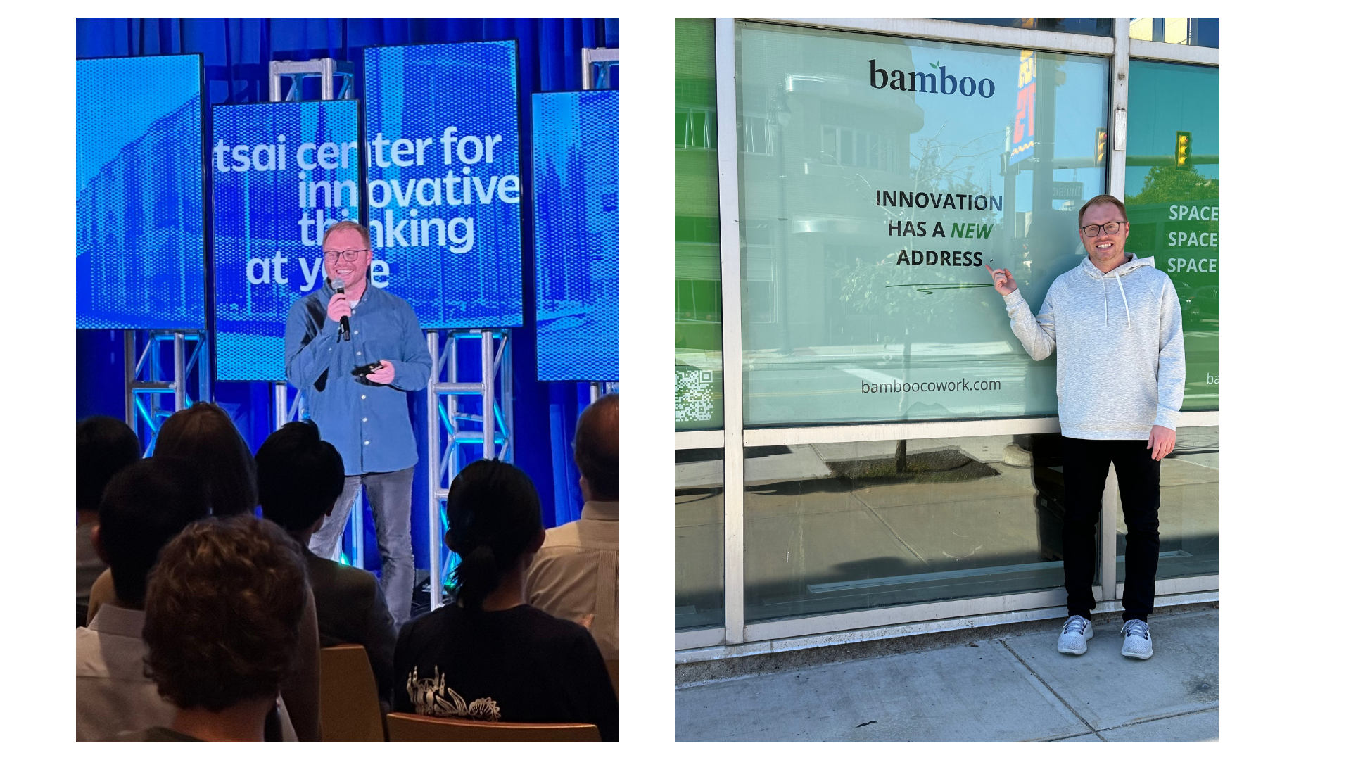 Two photos side by side: Matt speaking on stage at the Tsai Center for Innovative Thinking at Yale, and Matt standing outside Bamboo's new Grand Rapids location storefront