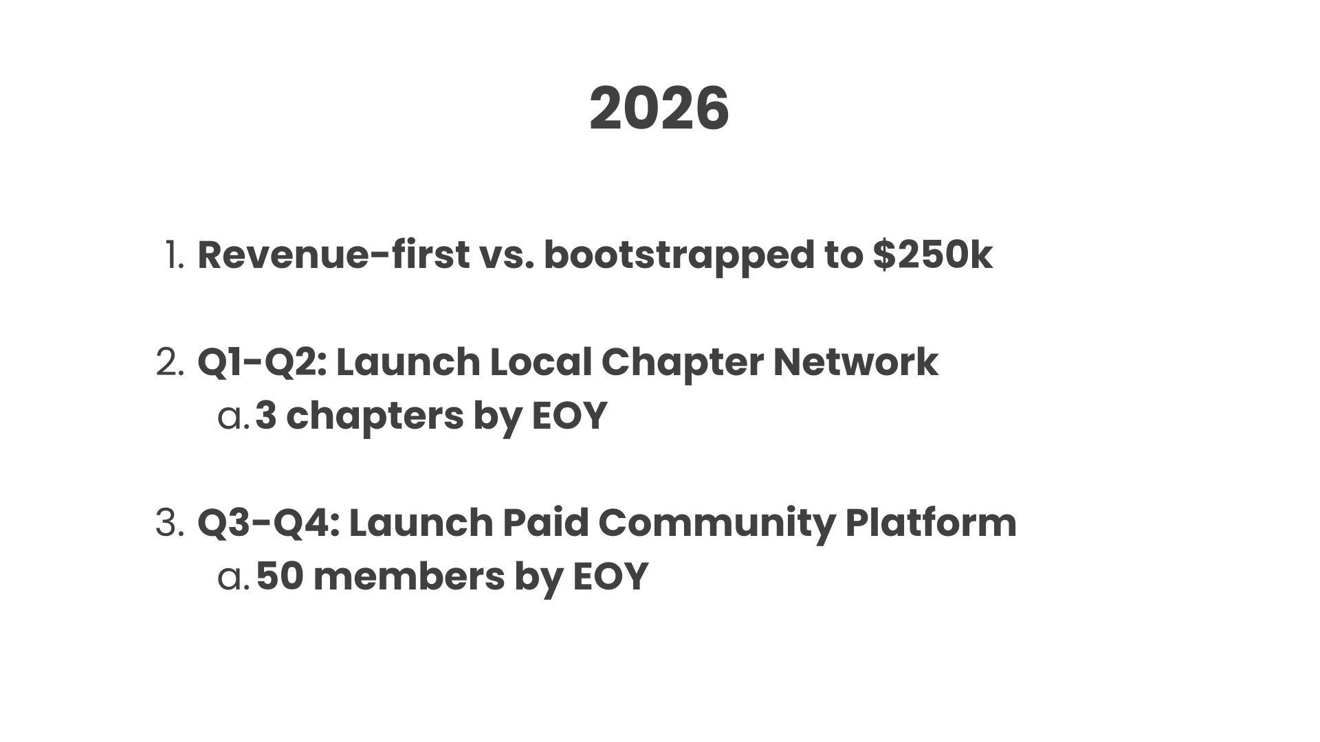 2026 strategic plan showing three phases: Revenue-first vs. bootstrapped to $250k, Q1-Q2 launch of local chapter network with goal of 3 chapters by EOY, and Q3-Q4 launch of paid community platform with goal of 50 members by EOY