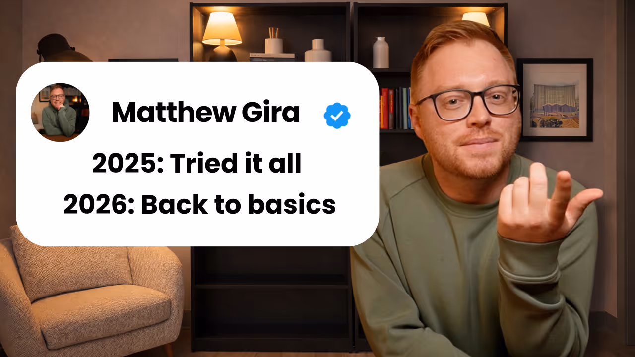Video thumbnail showing Matt Gira with text overlay reading '2025: Tried it all' and '2026: Back to basics