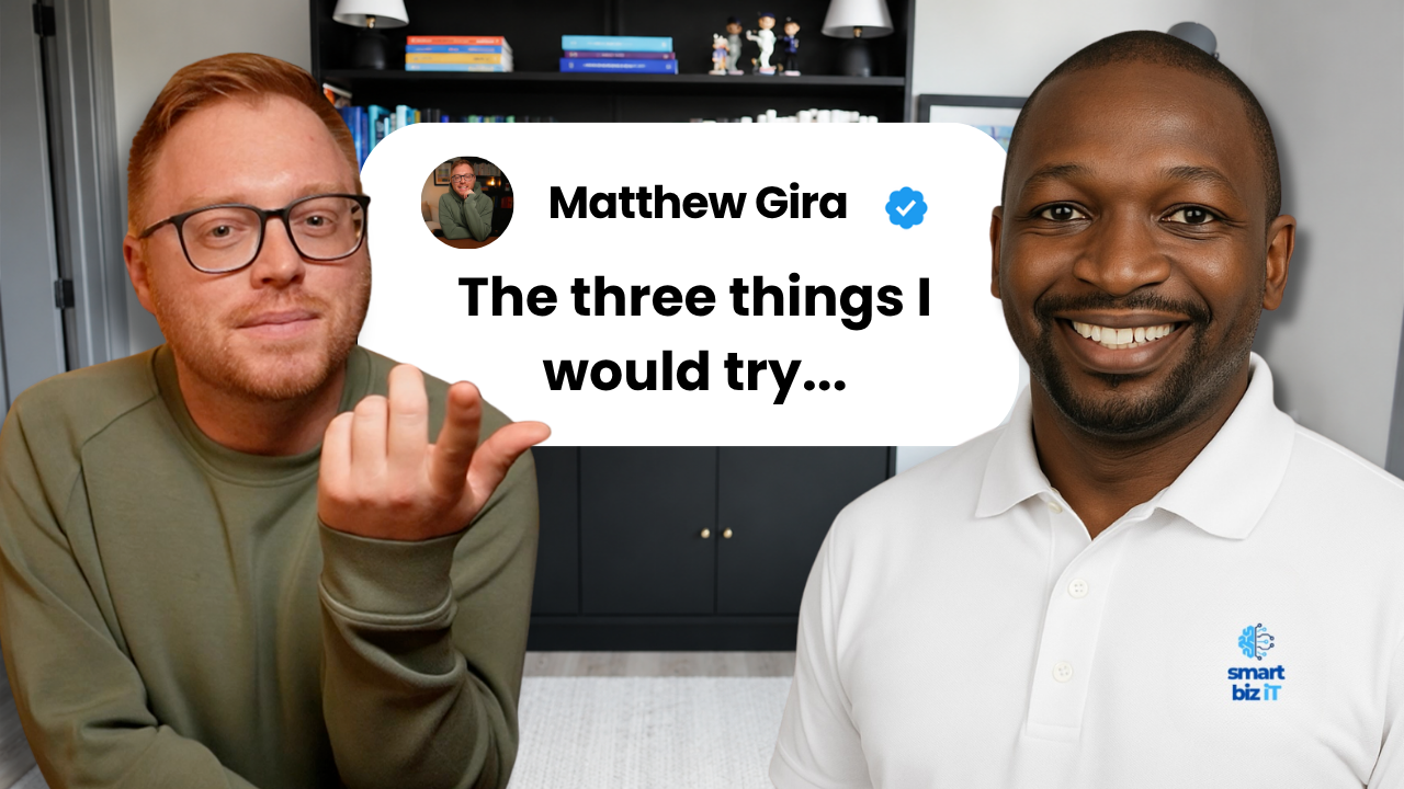 A YouTube-style thumbnail featuring two men side by side. On the left, a man with red hair and glasses wearing a green sweatshirt gestures with his hand as if making a point. On the right, a man wearing a white polo shirt with the Smart Biz iT logo smiles at the camera. Between them is a white speech bubble styled like a social media post, attributed to Matthew Gira with a verified checkmark, reading "The three things I would try..."