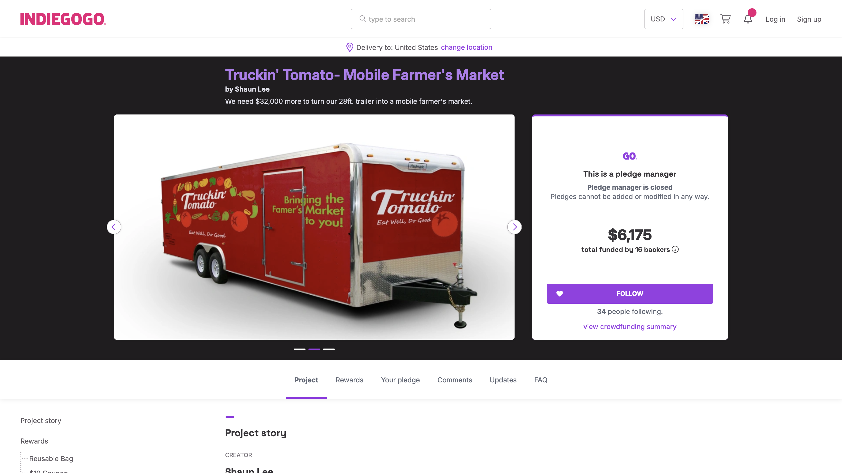 A screenshot of Truckin' Tomato's IndieGogo crowdfunding page, showing a red branded trailer with the tagline "Bringing the Farmer's Market to You," raising $6,175 from 16 backers.