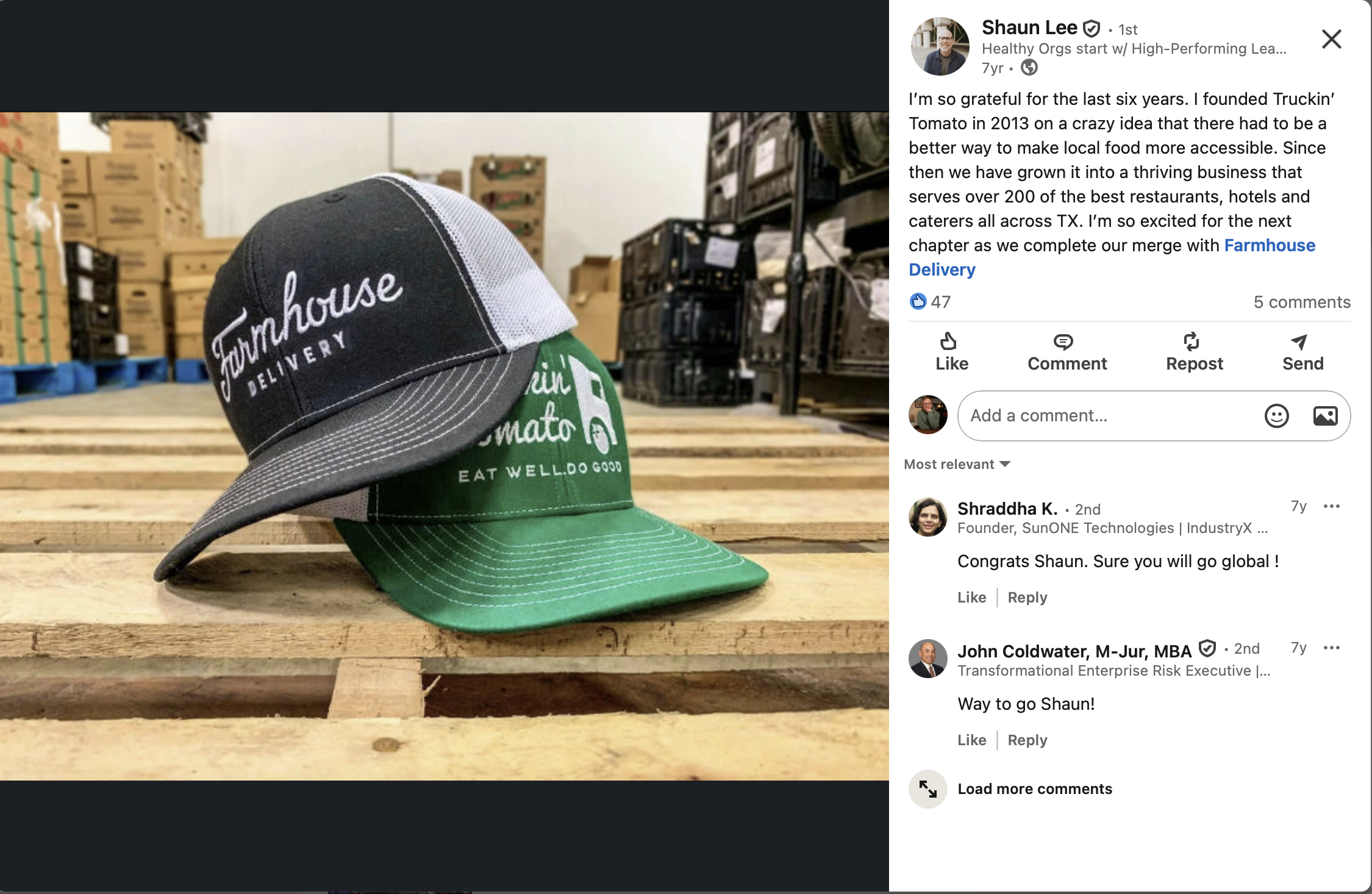 A screenshot of Shaun Lee's LinkedIn post announcing the merger of Truckin' Tomato with Farmhouse Delivery, alongside a photo of a Farmhouse Delivery hat and a Truckin' Tomato hat stacked on wooden pallets in a warehouse.