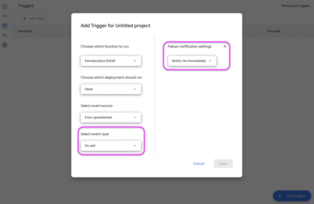 Add a trigger on Google sheet - create a new trigger